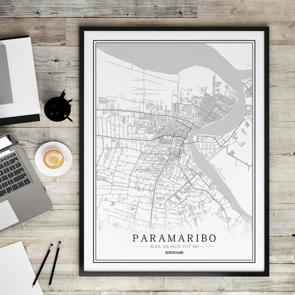 Suriname Creative city map Paramaribo Abstract Canvas Painting Black and white Wall Art Print Poster Picture Home Decoration