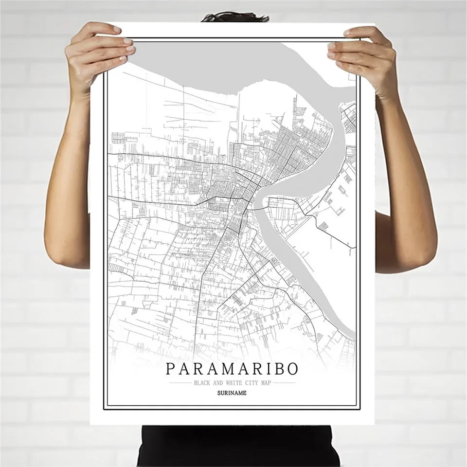 Suriname Creative city map Paramaribo Abstract Canvas Painting Black and white Wall Art Print Poster Picture Home Decoration