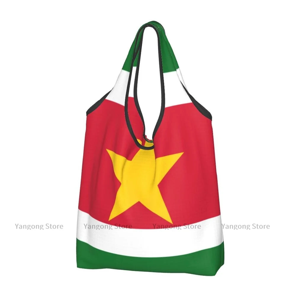 Folding Shopping Bag Flag Of Suriname Reusable Portable Shoulder Handbag for Travel Grocery Pocket Tote