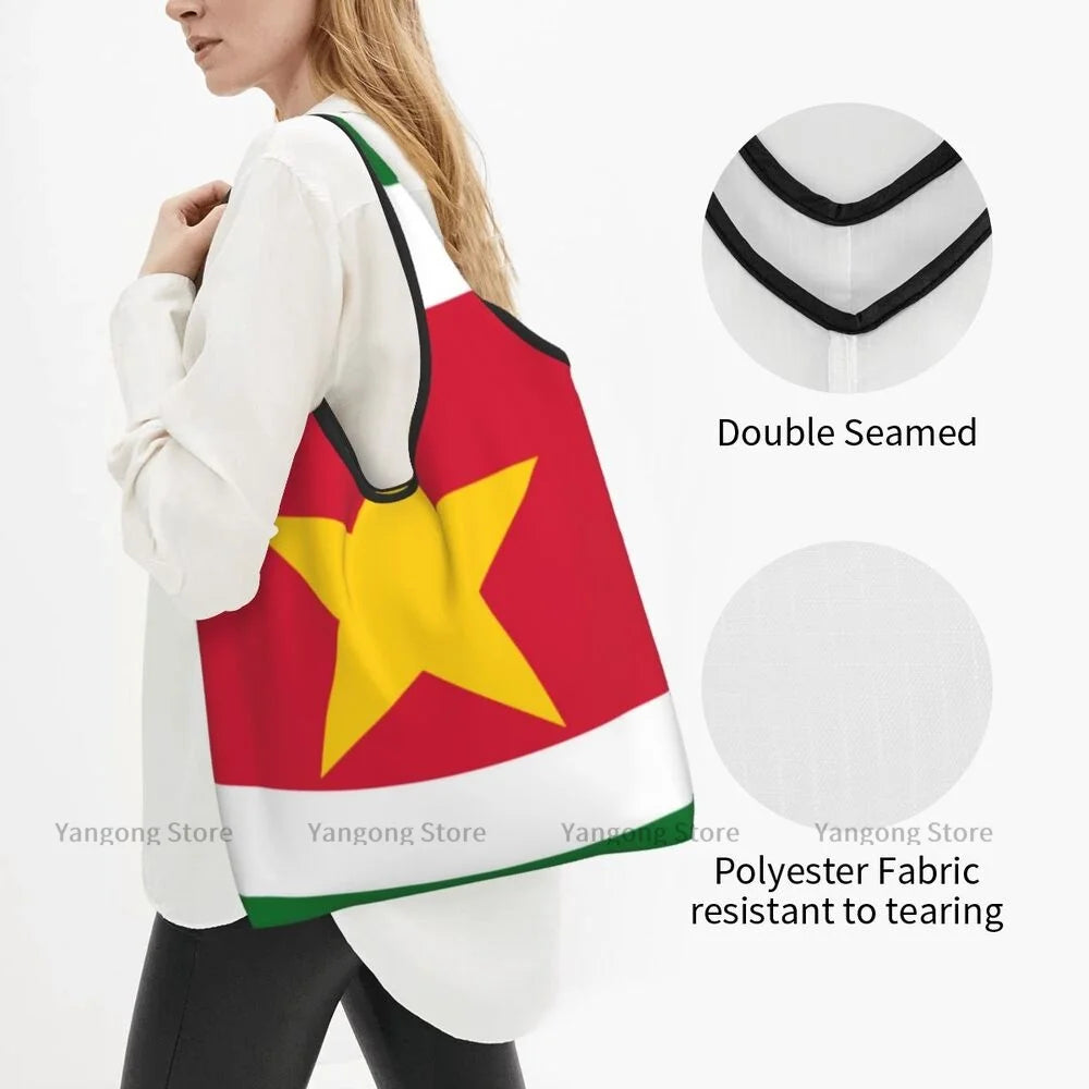 Folding Shopping Bag Flag Of Suriname Reusable Portable Shoulder Handbag for Travel Grocery Pocket Tote