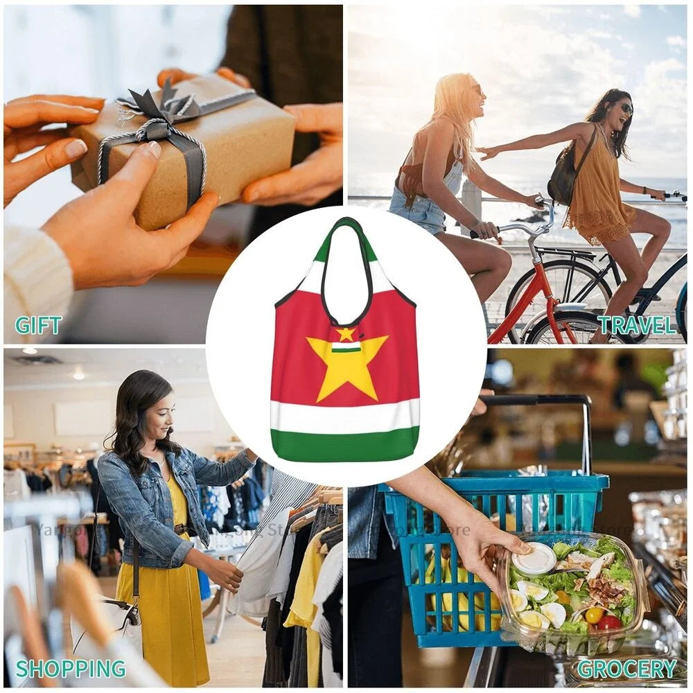 Folding Shopping Bag Flag Of Suriname Reusable Portable Shoulder Handbag for Travel Grocery Pocket Tote